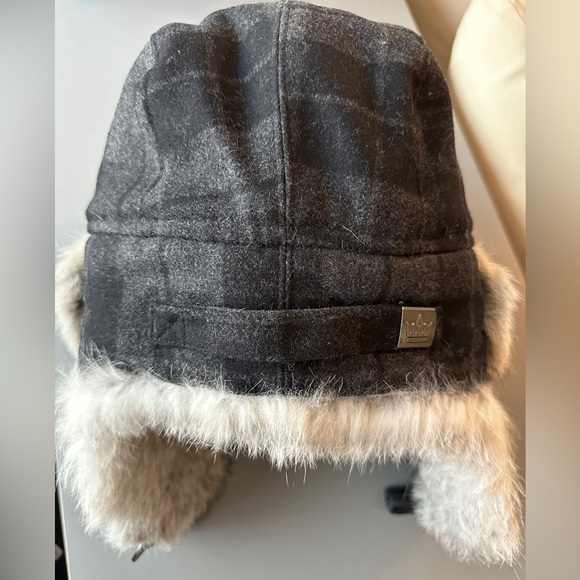 Winter Fur Real Rabbit Fur Wool Blend Buffalo Check Trapper Hat Black/Grey S/M - Picture 9 of 11